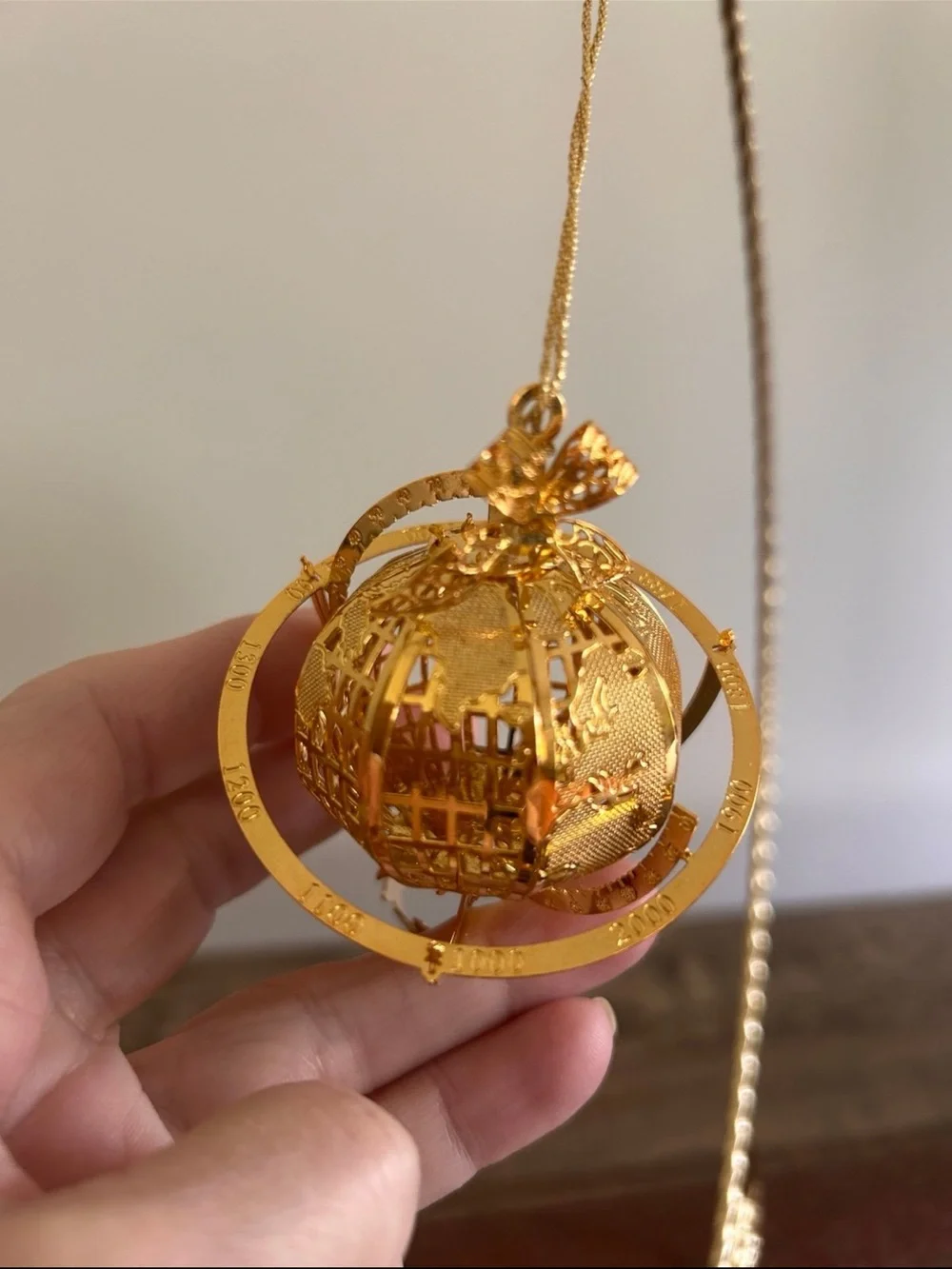 RARE Vintage Baldwin Brass 24k Gold Plt. 3D Millennium Globe Christmas Ornament